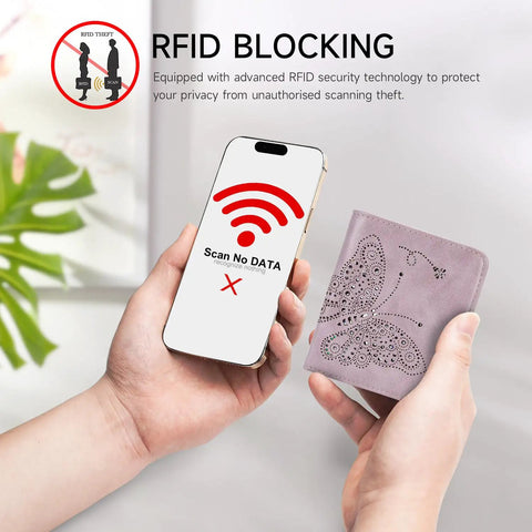 Demonstration of RFID blocking using a smartphone and Slim RFID Blocking Wallet For Women Ultra Thin Bifold Card Holder Compact Purple Mini Wallet For Back Pocket Or Purse Womens Everyday Carry Fits In Front Pocket Too