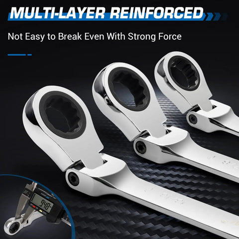 Close-up of the Extra Long Flex Head Ratcheting Wrench Set, 6 Piece Double Box End Long Reach Metric 8 19mm, showing flexible heads.