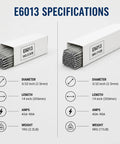 E6013 Welding Rods specifications showing 3/32 Inch Diameter By 14 Inches for carbon steel arc stick electrodes.