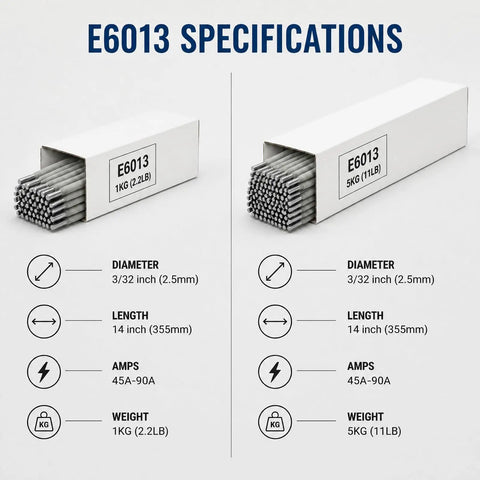 E6013 Welding Rods specifications showing 3/32 Inch Diameter By 14 Inches for carbon steel arc stick electrodes.