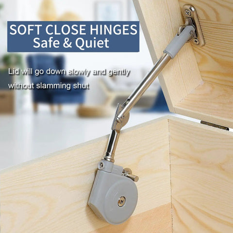 Installed soft close chest hinge inside wooden toy box with upward top opening lid for quiet and safe operation, supports 6 to 12 lbs.