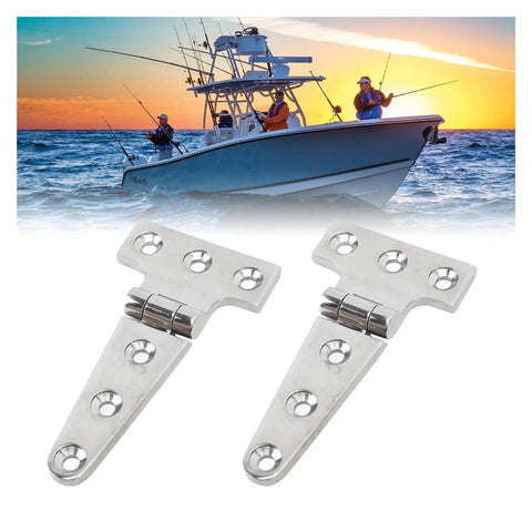 Self Closing Reversible Door Hinge 4 Piece Set Heavy Duty T Hinge Stainless Steel shown with a boat in the background