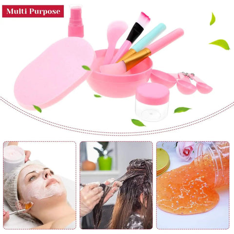 All In One 11 Piece DIY Facial Mask Tool Kit For At Home Spa With No Fuss Mixing Bowl Spatula Silicone Brushes Spray Bottle Puff Soaking Bottle And Measuring Spoons Pink, showing kit with pink tools.