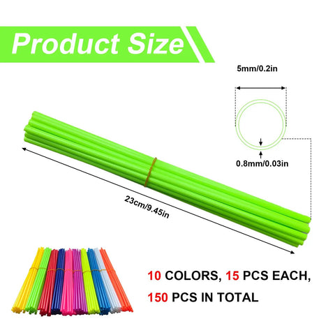 150 Piece Spoke Covers Set In 10 Bold Colors For Bikes And Motorcycles Bright Rim Wraps, green covers labeled with size.