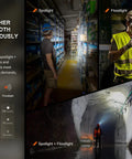 Visual demonstration of the WH23R Dual Beam Work Headlamp with spotlight and floodlight modes in various work environments.