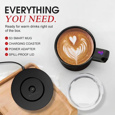Smart AI Temp Control Heated Coffee Mug With Auto Beverage Detection keeps your espresso warm, features charging coaster and spill-proof lid.