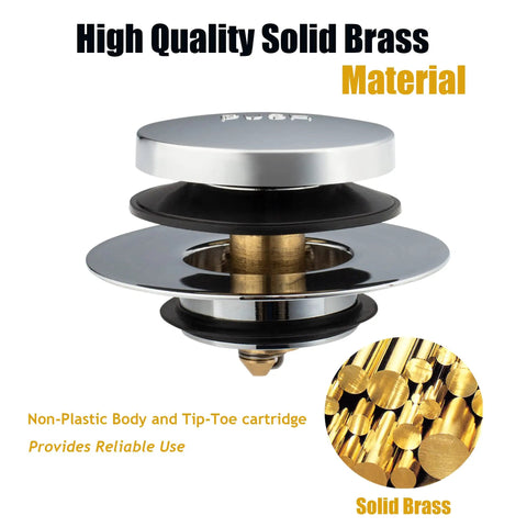 Universal Bath Drain Stopper And Cover With Tip Toe Design Replaces Lift And Turn Drains Easy Install Clears Hair And Debris Fits Most Tub Drains No More Clogs Chrome Plated Upgrade in solid brass