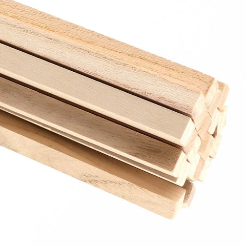 Top Shelf 60 Pack Of 1/2 By 12 Inch Unfinished Paulownia Square Dowel Rods stacked, smooth wood strips for DIY crafts.