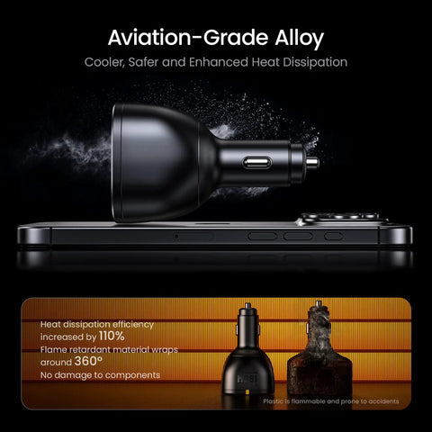 Straight Fire 165W USB C Car Charger PD 3.1 100W Quick Charge 5.0 close-up showing aviation-grade alloy heat dissipation.