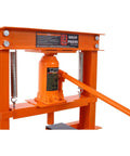Heavy Duty H Frame Shop Press With True 12 Ton Hydraulic Power showing hydraulic jack and adjustable features.