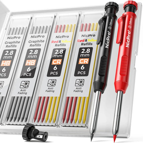 Carpenter Pencils With Sharpener Set And 26 Refills Deep Hole Marker For Construction And Woodworking Heavy Duty Tools Kit