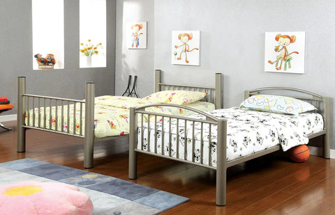 Twin Over Twin Metal Bunk Bed With Movable Ladder And Rails That Converts Into Two Separate Beds, Metallic Gold Finish