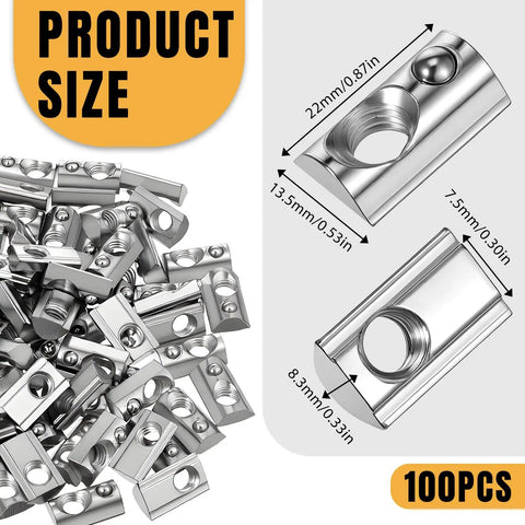 100 Pack M8 T Slot Spring Nuts Built Tough for 40 Series Aluminum Extrusion Carbon Steel Half Round Roll In Nut European Standard for 3D Printers and CNC Builds Silver detailed size view
