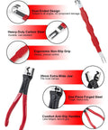 7 Piece Electrical Disconnect Pliers Set With Terminal Pin Removal Tool Kit, red-handled pliers and features labeled