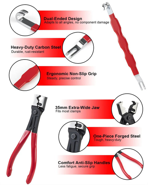 7 Piece Electrical Disconnect Pliers Set With Terminal Pin Removal Tool Kit, red-handled pliers and features labeled