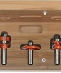 3 Piece Small Arch Door Router Bit Set For 1/2 Inch Material in wooden case, showing pro grade components for raised panel doors.