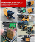 Electric Cement Spray Plaster Machine 30M Mortar Pump Wall Coating Rendering System showcased in various angles and settings.