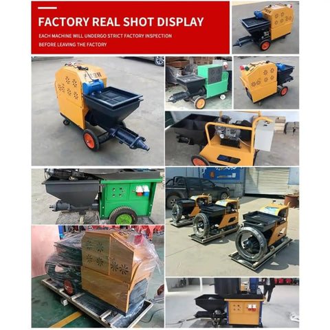 Electric Cement Spray Plaster Machine 30M Mortar Pump Wall Coating Rendering System showcased in various angles and settings.