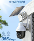 Solar powered wireless security camera mounted outdoors with battery, 2 Pack Solar Powered Wireless Security Camera System.