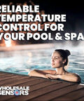 Woman enjoying pool with text 'Reliable Temperature Control for Your Pool & Spa!' highlighting Replacement High Limit Switch 42001-0063S benefits.