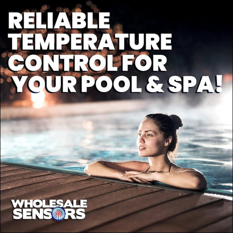 Woman enjoying pool with text 'Reliable Temperature Control for Your Pool & Spa!' highlighting Replacement High Limit Switch 42001-0063S benefits.