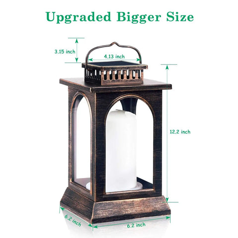 Lit Outdoor Solar Lantern With Realistic Flickering Flame, Metal Hanging Lantern, 12.2 inch, bronze finish, size dimensions shown