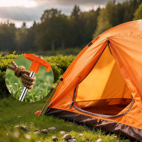 Eight Pack Tent Stakes, Heavy Duty Galvanized Rustproof Ground Anchors For Canopies securing an orange tent