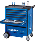 Solid As A Rock Seven Drawer Tool Trolley Made In Germany Featuring Thick Steel Heel Guard and Bumper, open drawer with tools.