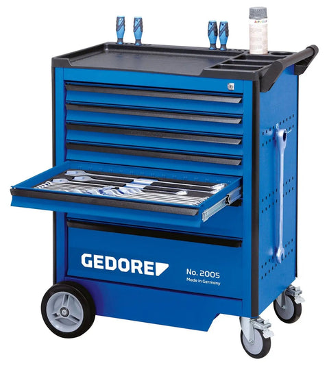 Solid As A Rock Seven Drawer Tool Trolley Made In Germany Featuring Thick Steel Heel Guard and Bumper, open drawer with tools.