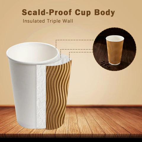 90 Pack 16 Oz Disposable Coffee Cups No Lids Insulated Ripple Wall Champagne Corrugated Paper Cups with scald-proof design