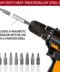 Power drill with magnetic extension, part of 46 Piece Security Bit Set With Tamper Proof Torx Bits Square Drive Hex And Spanner Tools Includes SAE And Metric Hex Bits Phillips Slotted Triwing For Quick Home Auto And DIY Repairs In A Bright Red Case.