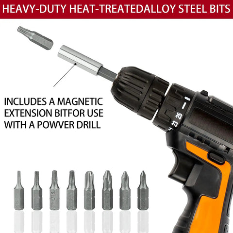 Power drill with magnetic extension, part of 46 Piece Security Bit Set With Tamper Proof Torx Bits Square Drive Hex And Spanner Tools Includes SAE And Metric Hex Bits Phillips Slotted Triwing For Quick Home Auto And DIY Repairs In A Bright Red Case.