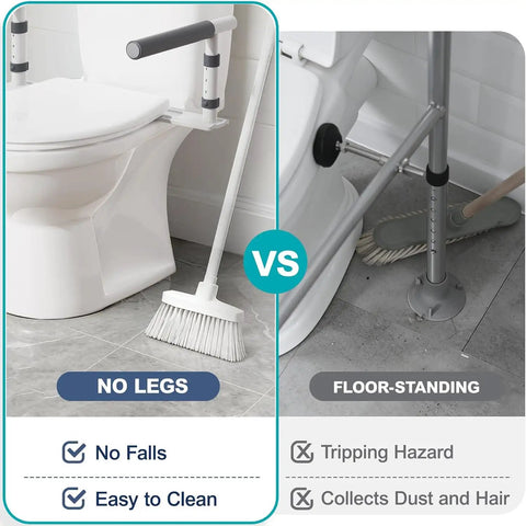Comparison of Bulletproof Over Toilet Safety Rails Delivering Heavy Duty Support For Bathroom Handicap Assist with a floor-standing setup.