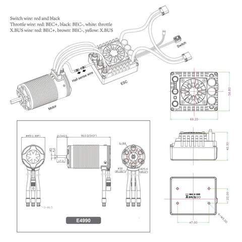 Technical diagram of Beefy Motor And E6 Sensored Brushless ESC Combo For RC Cars Three To Eight S LiPo With 200 Amp Continuous Current