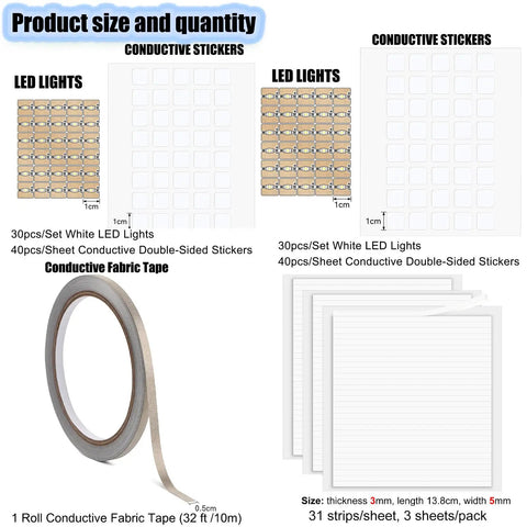 Product size and quantity details for 60 Piece White LED Circuit Stickers and Conductive Fabric Tape DIY Light Kit.