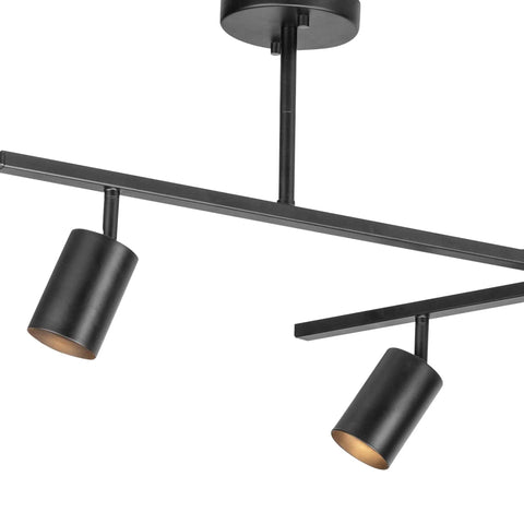 Close-up of two adjustable heads on a six light track lighting with center swivel bar and adjustable heads in matte black finish.