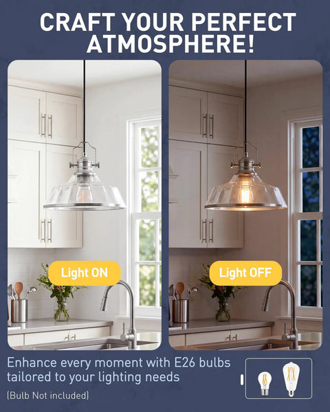 kudos 11 Inch Brushed Nickel Clear Striped Pendant Light, KDPL13-BN-C showing light on and off in a kitchen setting.