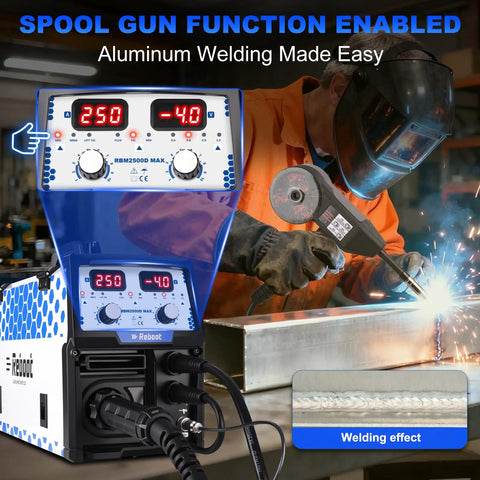 Five In One MIG Welder 250A Multiprocess Workhorse with operator using spool gun for aluminum welding in workshop