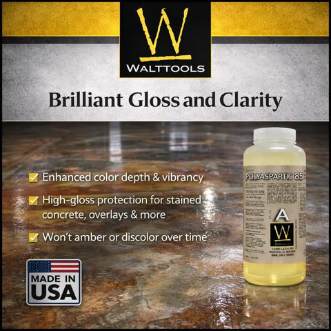 Ultra Tough Polyaspartic Concrete Coating With Bulletproof Abrasion And Chemical Resistance Delivers High Gloss Sealer Protection Zero VOC Formula For Fast Cure And Epic Garage Floors 3 Quart Kit in beige bottle on shiny concrete surface.
