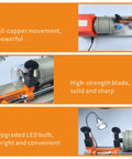 Portable Horizontal Metal Cutting Tool With 110V Power High Precision Slotting Machine For Metalworking And DIY Projects All Copper Core Motor Durable Construction Electric Or Manual Modes with detailed components and LED light.