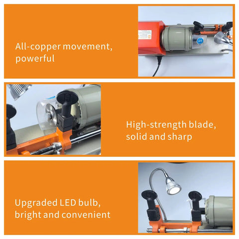Portable Horizontal Metal Cutting Tool With 110V Power High Precision Slotting Machine For Metalworking And DIY Projects All Copper Core Motor Durable Construction Electric Or Manual Modes with detailed components and LED light.