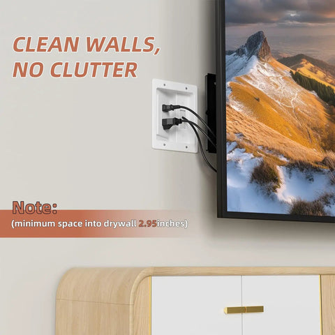 Slick In-Wall Cable Management Kit With Brush Plate For Taming Messy Wires Behind TV Screens, recessed outlet box installation behind mounted TV.