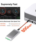Fanless Thunderbolt 5 Nvme Enclosure For Pcie M2 Drives Up To 8tb With Knockout 7000mbps Speeds Built Tough Aluminum Shell connected to Mac Studio.