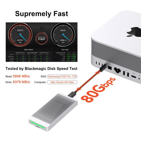 Fanless Thunderbolt 5 Nvme Enclosure For Pcie M2 Drives Up To 8tb With Knockout 7000mbps Speeds Built Tough Aluminum Shell connected to Mac Studio.