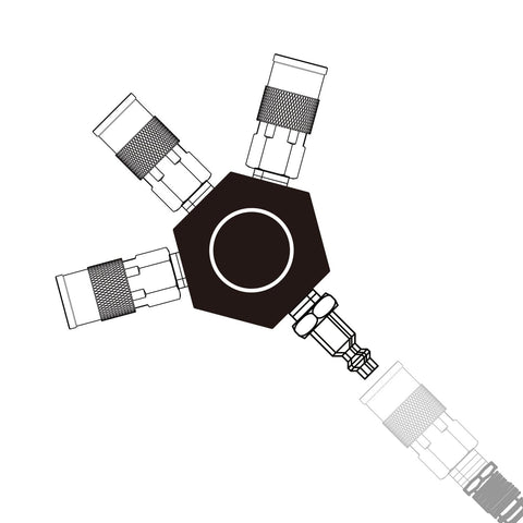 Illustration of 3 Way Air Splitter Manifold With Industrial Couplers And Plugs For Air Compressor Hose, Quick Connect Fittings to turn one line.