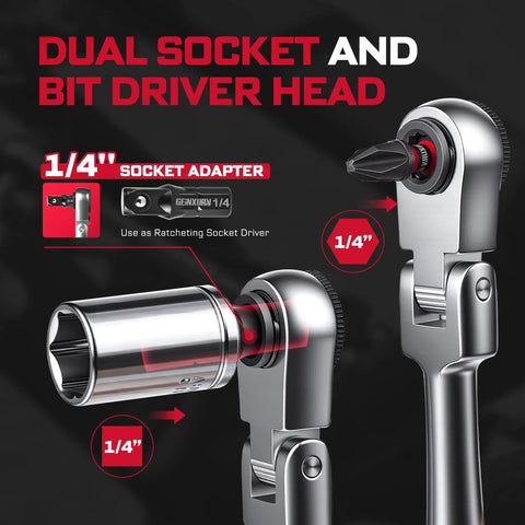 Close-up of the 60 Piece Pivoting Flex Head T-Handle Ratchet Wrench Set with 72-Tooth Reversible Ratchet and 1/4 inch socket adapter.
