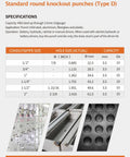 Table showing specifications for standard round knockout punches, includes conduit size, hole size, and capacity details