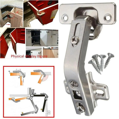 Premium 135 Degree Corner Cabinet Door Hinges With Soft Close, metal hardware with screws, installation diagram visible.