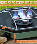 Close-up of Two Burner Propane Camping Stove 34000 BTU Foldable Outdoor Gas Stove with flames and ignition knob in use.