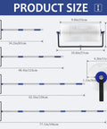 Spiked Roller For Self Leveling With Extended Handle For Bubble Free Concrete And Epoxy Finishes, 9 Inch Roller With Telescoping Pole From 34 To 77 Inches, size chart showing dimensions.